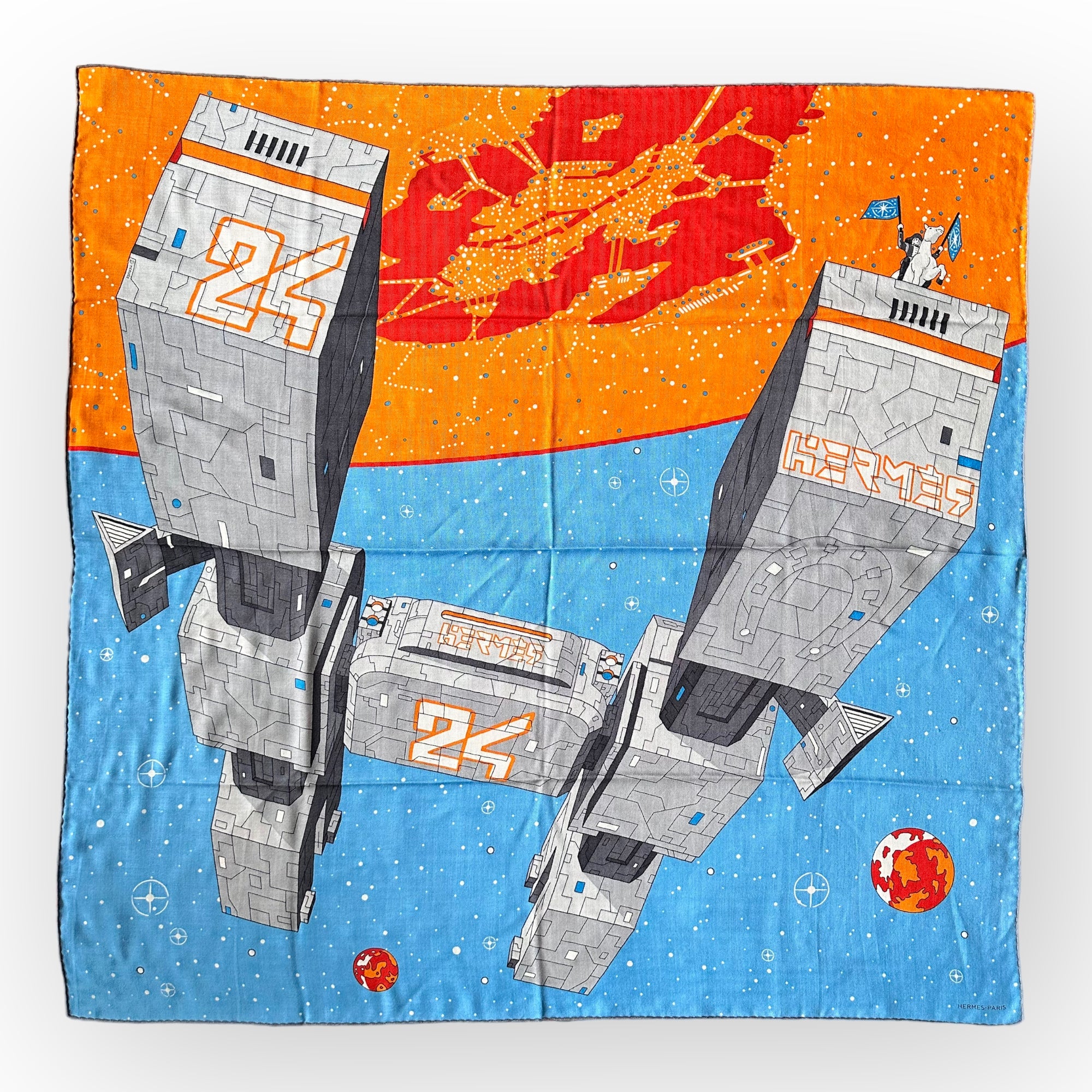 hermes-odyssey-foulard-hermes-orange-bleu-vaisseau-spatial-dessine-par-daiske-nomura