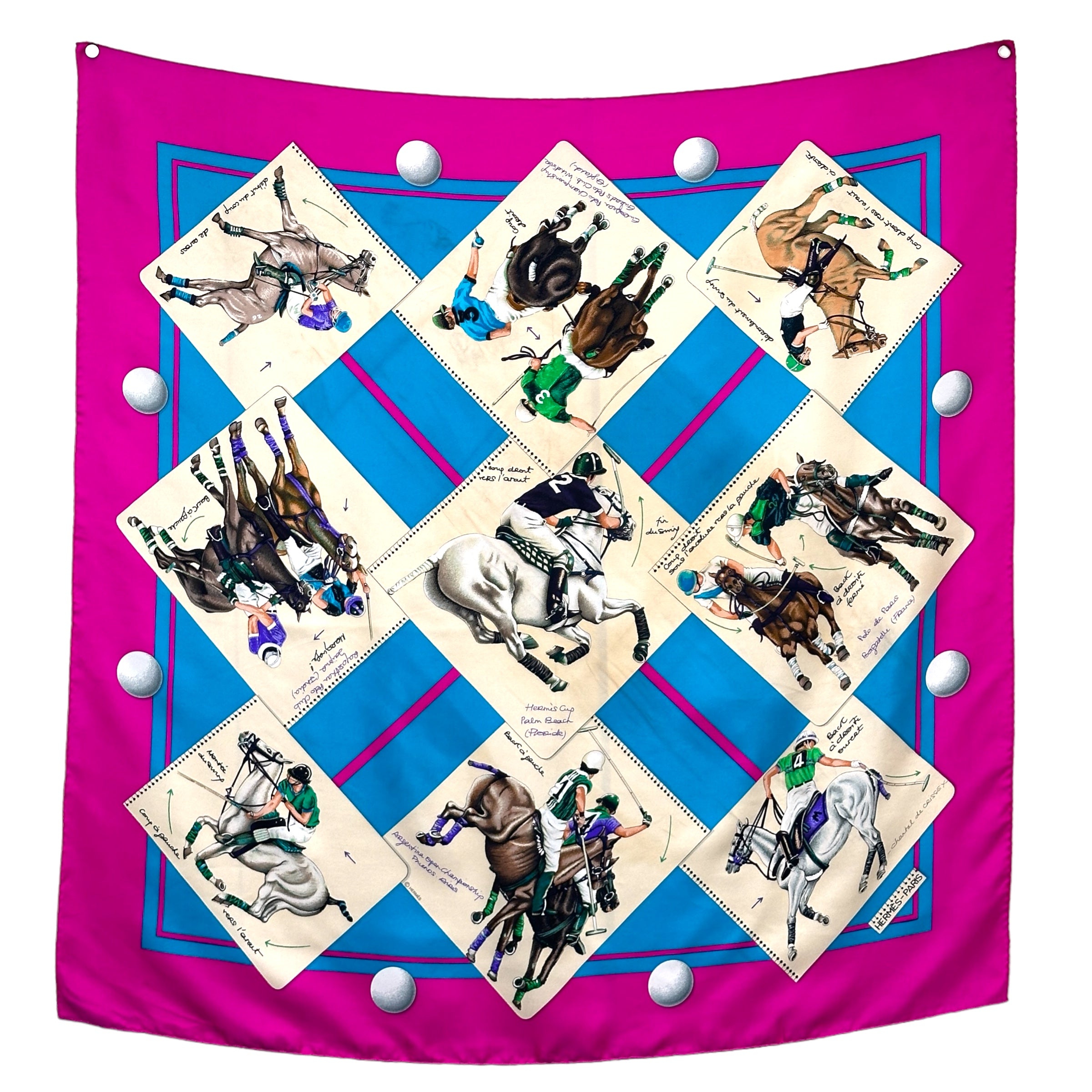 carre hermes le monde du polo rose et bleu