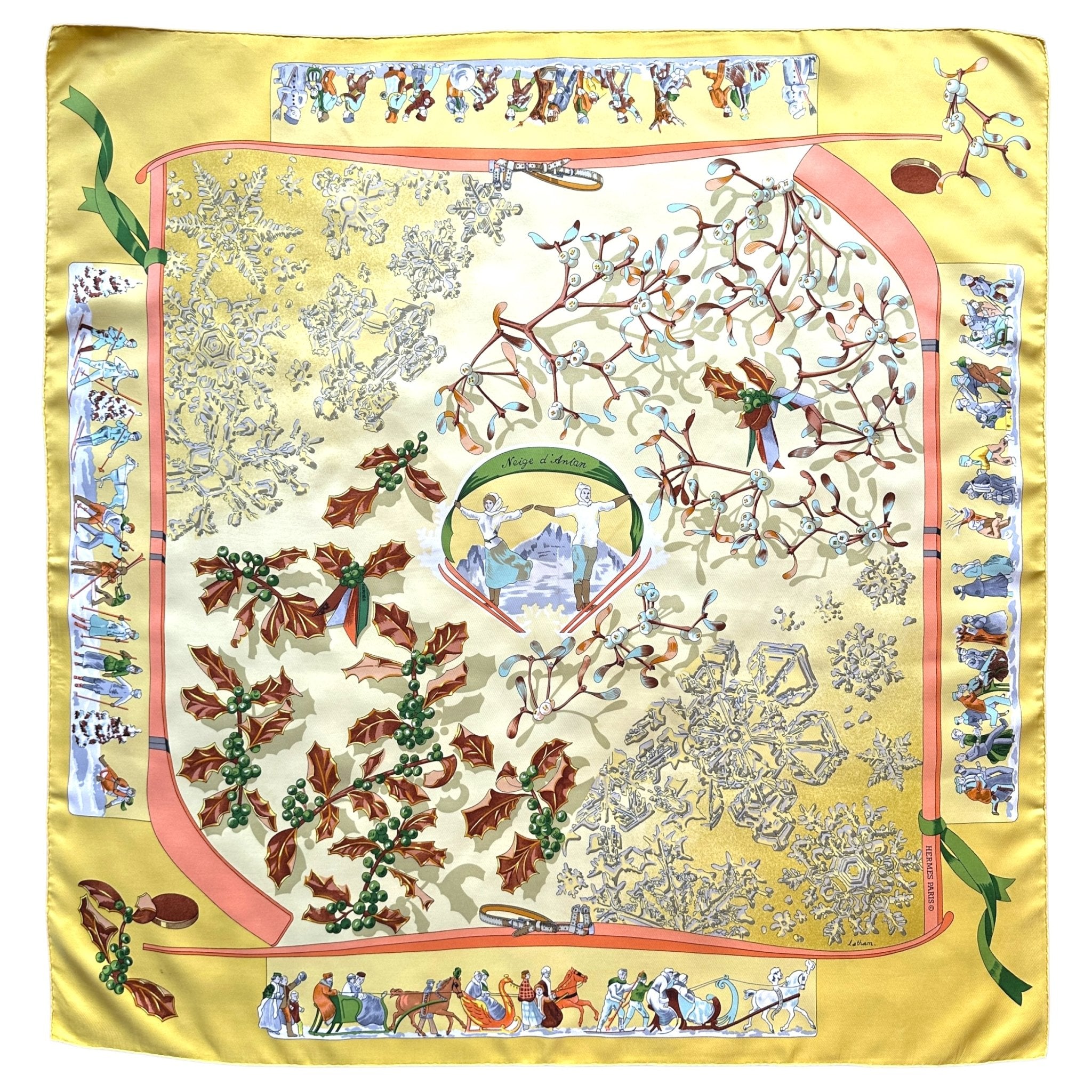 Carré Hermès Neige d’antan – Deuxième vue complète du carré en soie, motifs hivernaux