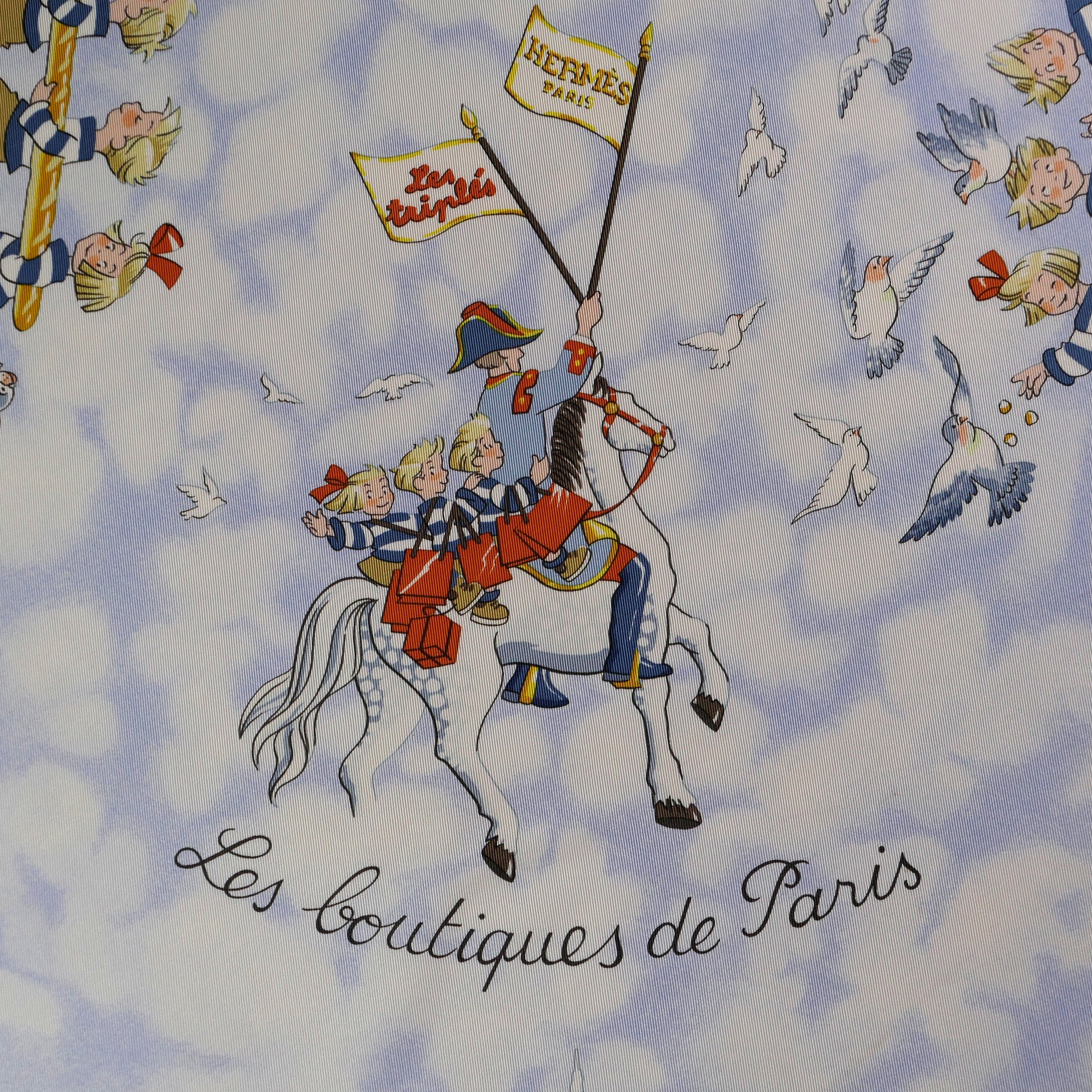 Carré Hermès Les Triplés de Nicole Lambert, 90 cm soie, détail des Boutiques de Paris à cheval