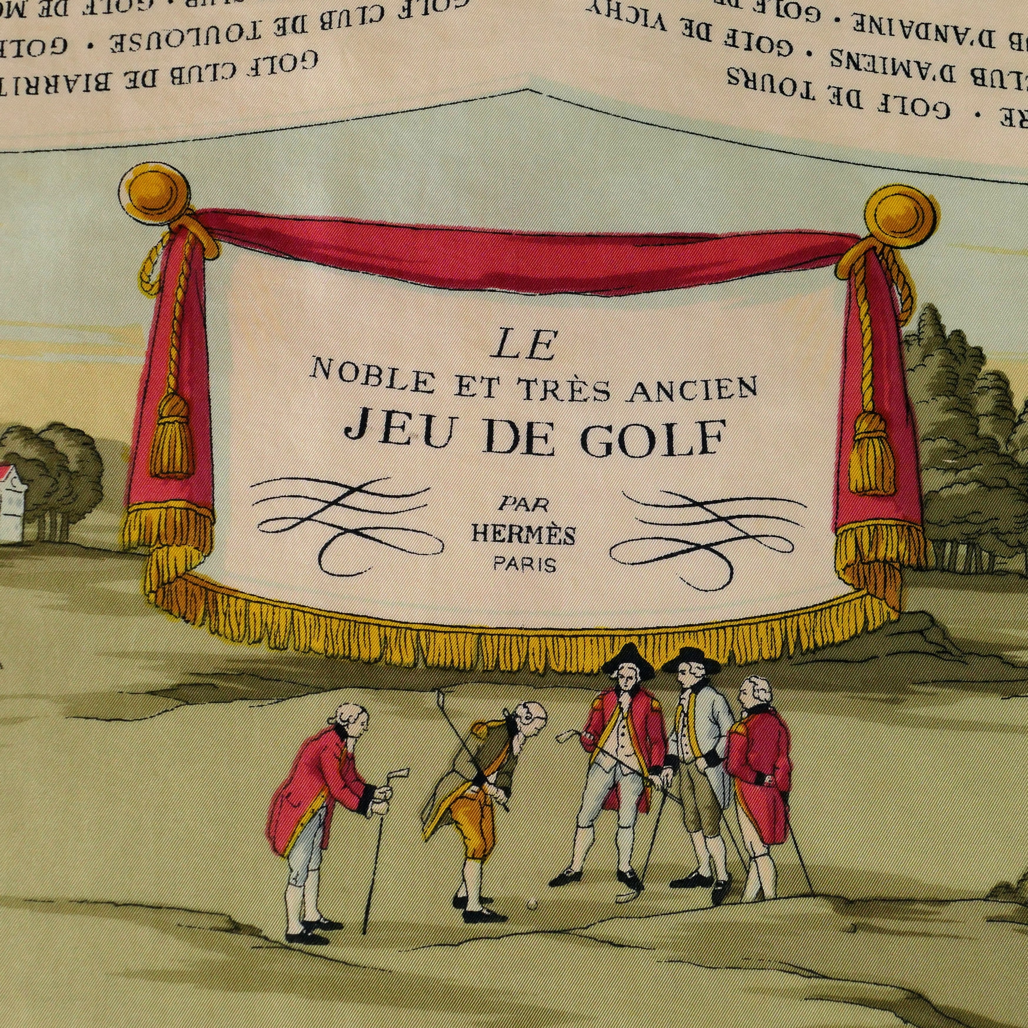 Carré Hermès Noble et très ancien jeu de golf 90 cm soie, détail cartouche titre par Hermès Paris
