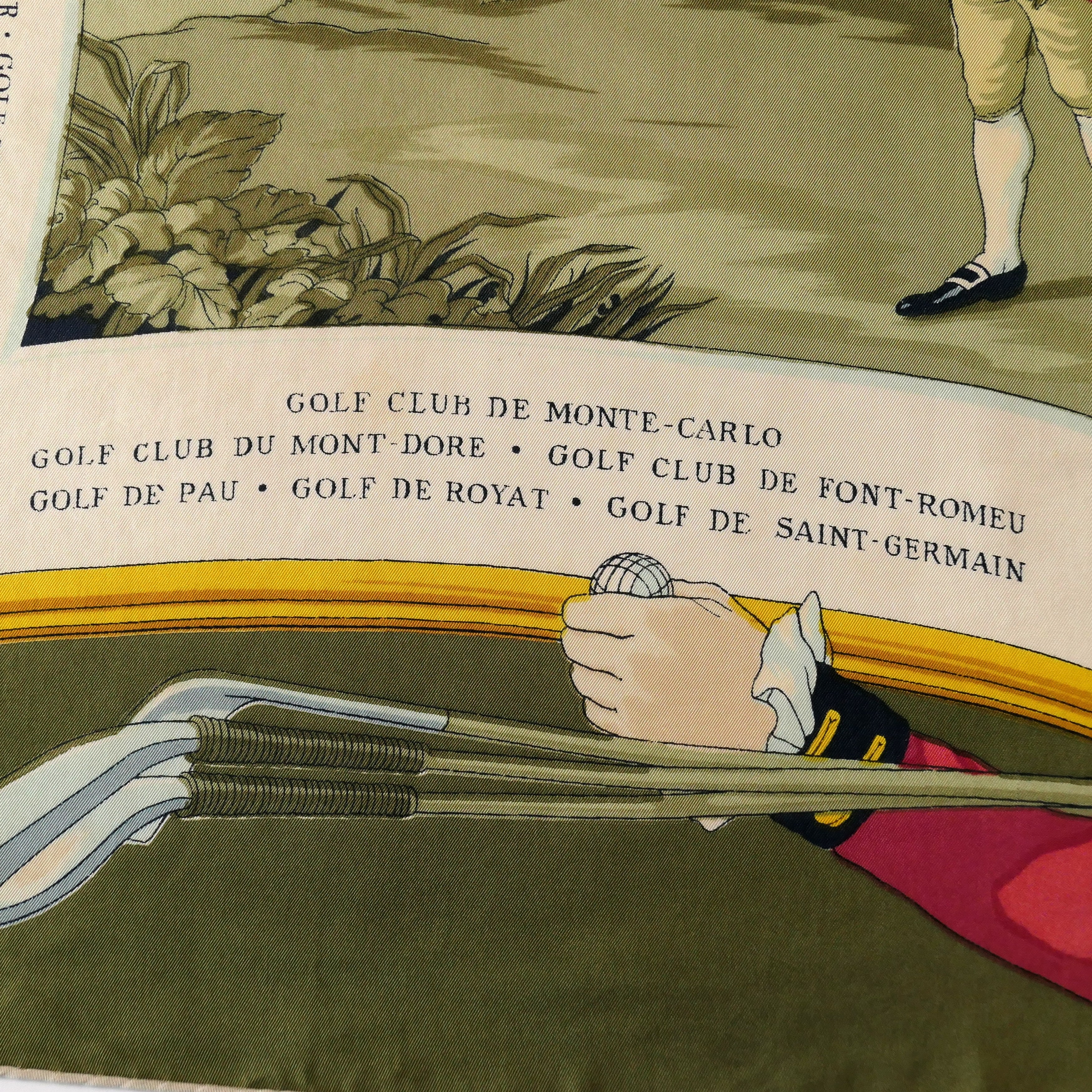 Carré Hermès Noble et très ancien jeu de golf 90 cm soie, détail bordure clubs de golf des années 1950