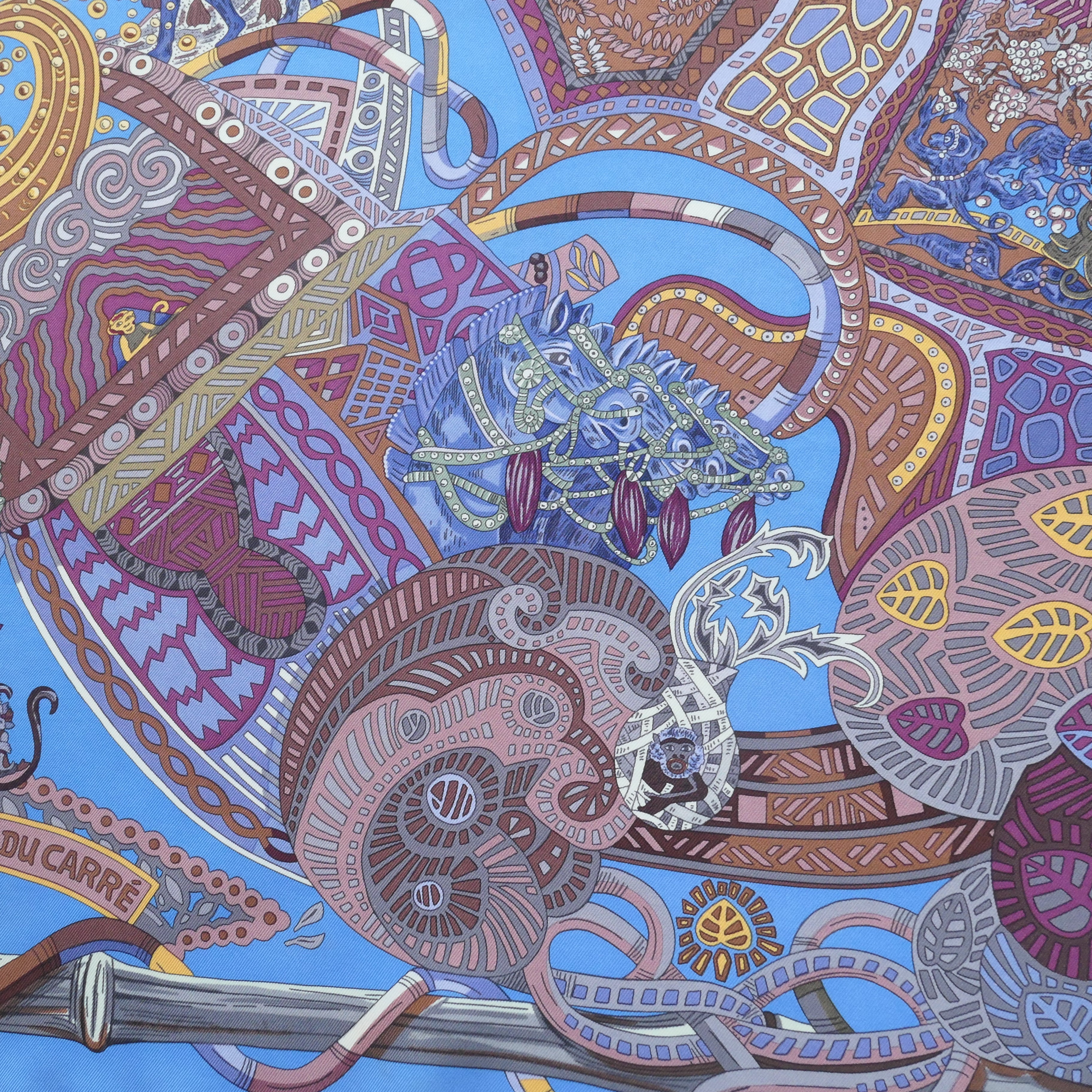 foulard hermès soie 90 cm au fil du carré détail chevaux