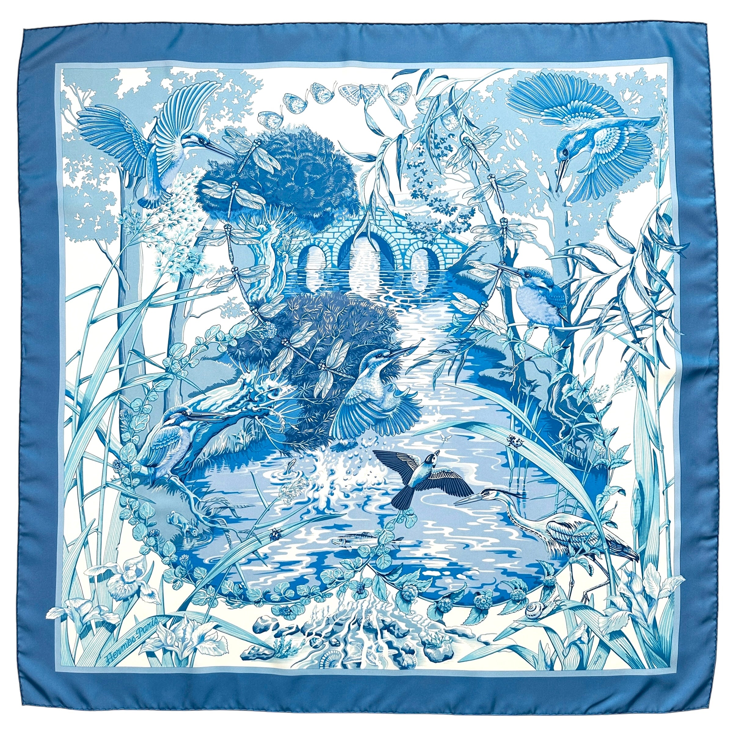 foulard hermes au bord de l'eau bleu